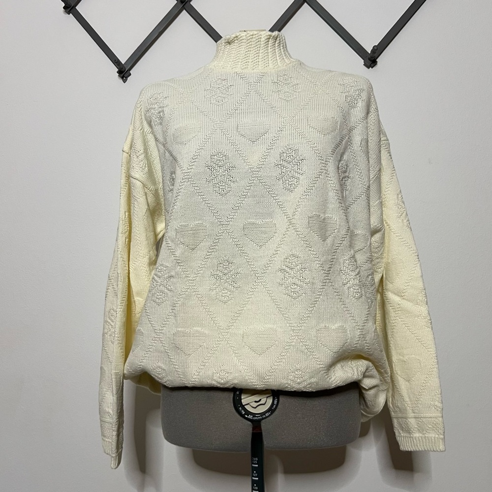 Bel-Ami Vintage 80s Heart Sweater Acrylic Tunic Turtleneck Size L XL cozy